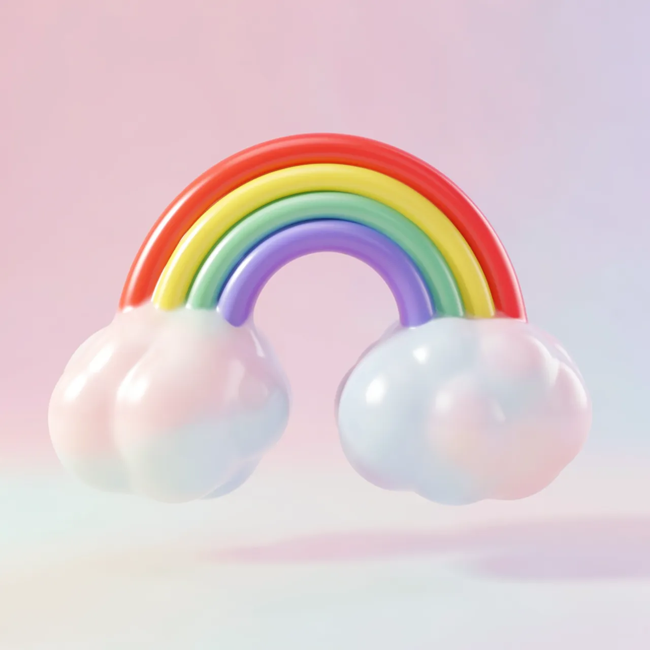 Glossy squishy pastel jelly-textured rainbow rests between two soft gradient clouds on a pale gradient background