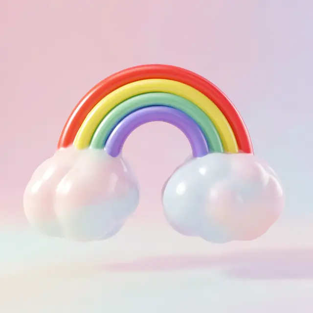 Glossy squishy pastel jelly-textured rainbow rests between two soft gradient clouds on a pale gradient background