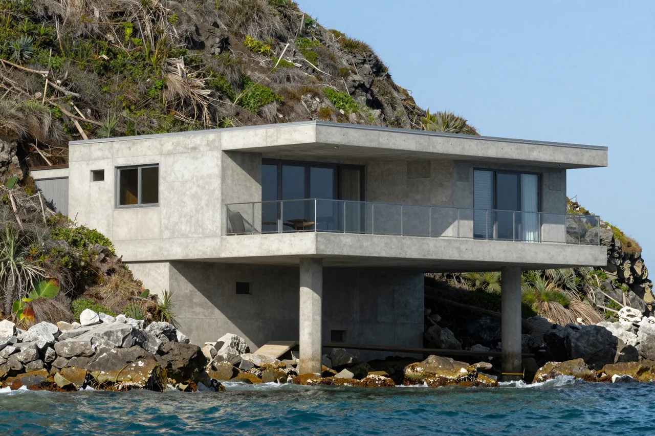 Modern cantilevered concrete home perched on a rocky ocean hillside above turquoise coastal water
