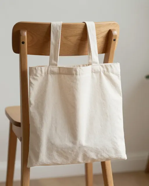 Plain natural canvas tote bag hangs from the back of a light wooden chair in soft indoor daylight.