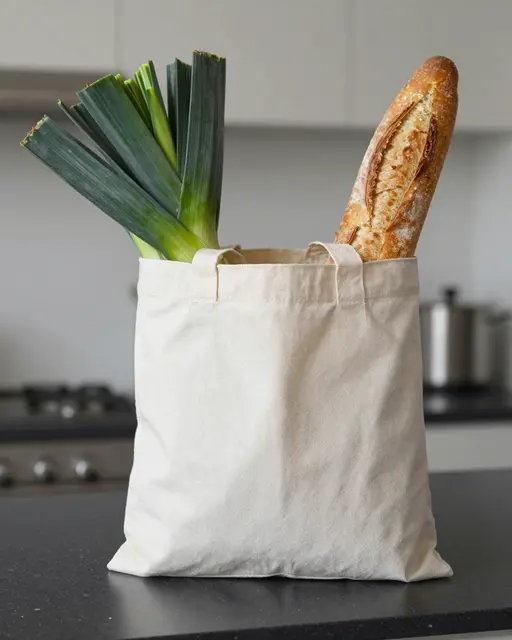 Plain canvas tote bag with leeks and baguette rests on a dark kitchen countertop