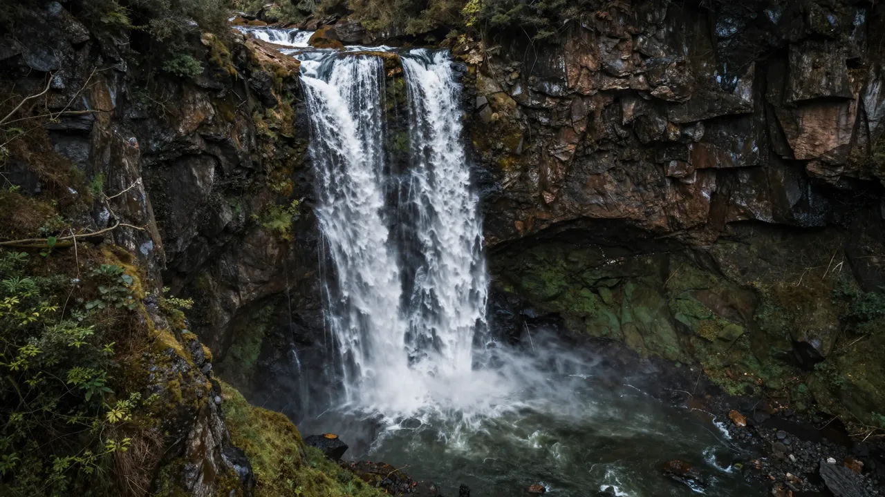 A waterfall cascades over a rugged mossy rock cliff into a deep turbulent canyon pool