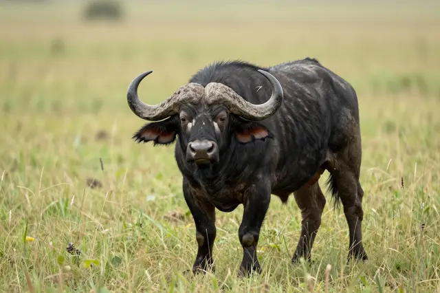 An African cape buffalo stands facing the camera in tall open savannah grassland
