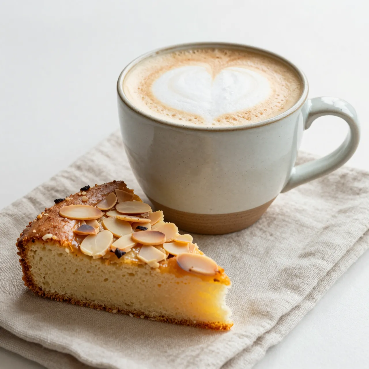 A speckled stoneware cappuccino cup with heart latte art sits beside almond cake on a linen napkin in soft morning light.