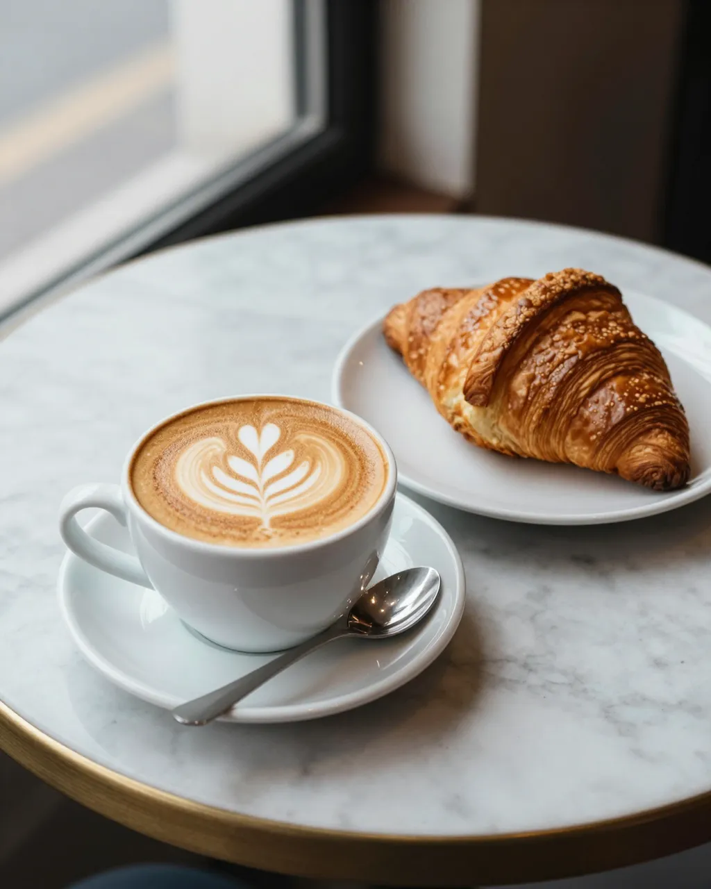 Cappuccino with latte art sits beside a croissant on a marble cafe table near a sunlit window