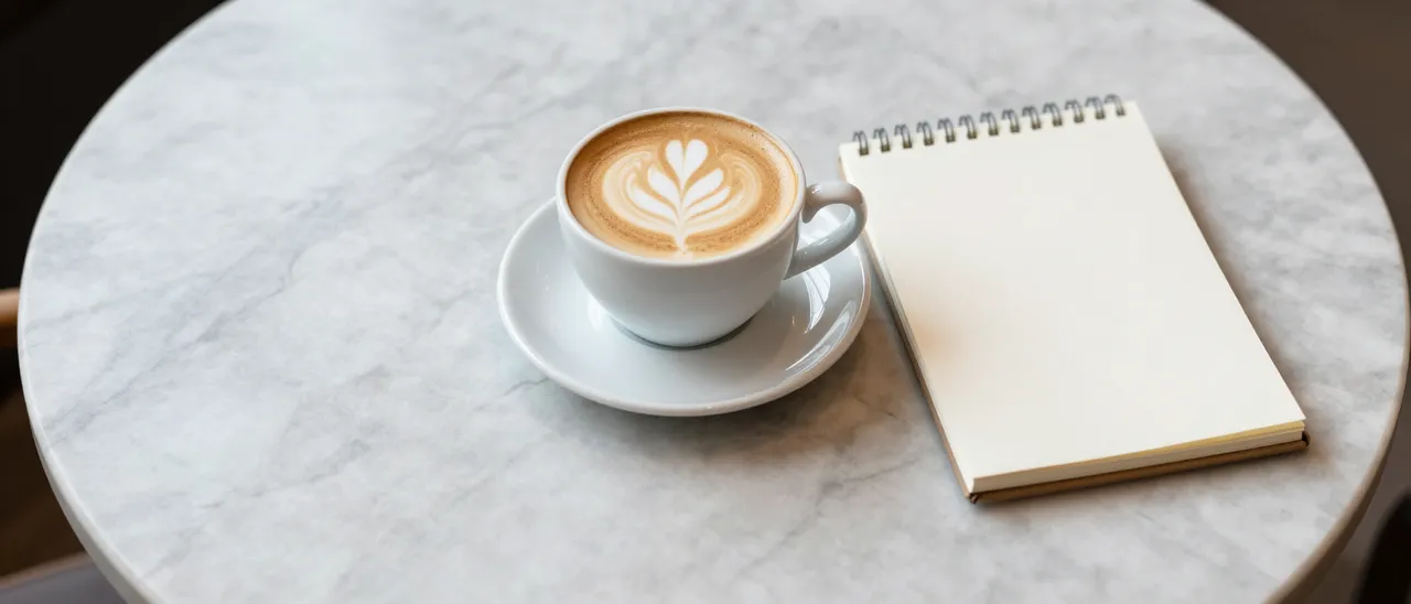 Top down view of a latte art cappuccino and blank spiral notepad resting on a round marble cafe table with empty copy space