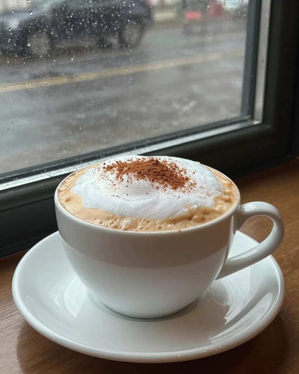 A frothy cinnamon-dusted cappuccino in a white cup sits on a saucer by a rain-streaked window