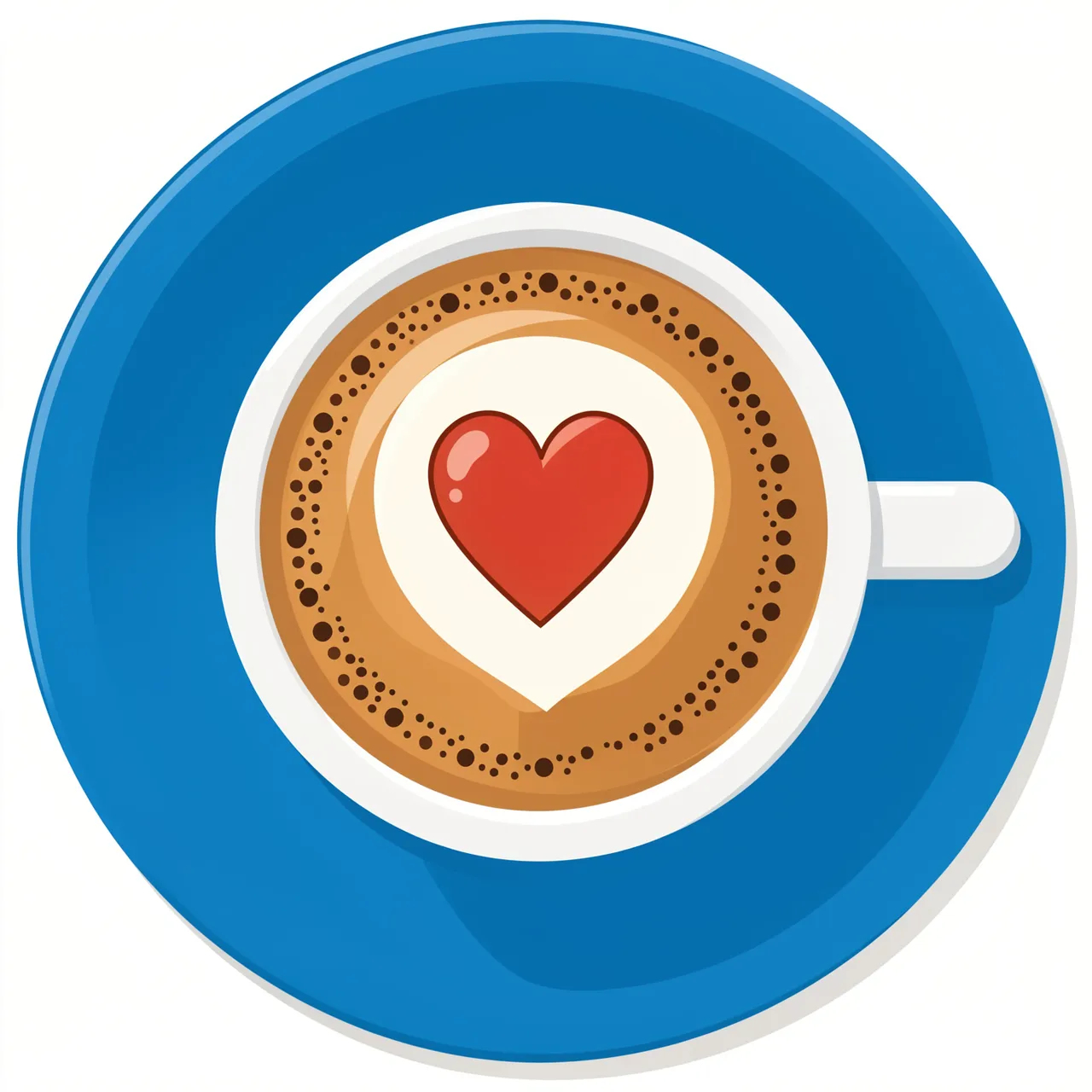 Top-down view of a cappuccino cup on a blue saucer with a red heart design in the milk foam