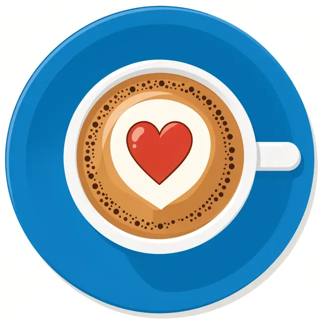 Top-down view of a cappuccino cup on a blue saucer with a red heart design in the milk foam