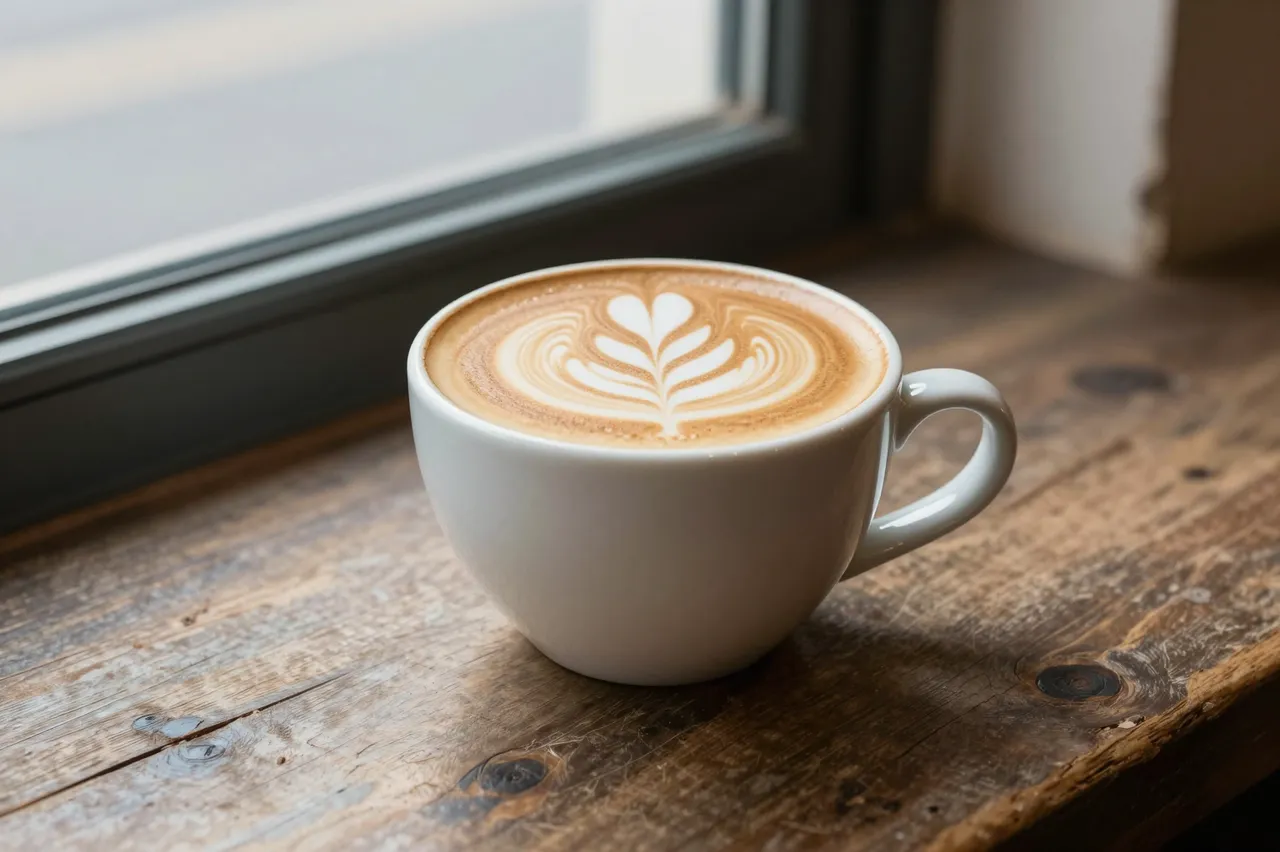 A white ceramic cup holding a cappuccino with leaf latte art rests on a rustic wooden cafe table beside a window.