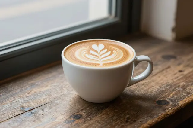 A white ceramic cup holding a cappuccino with leaf latte art rests on a rustic wooden cafe table beside a window.