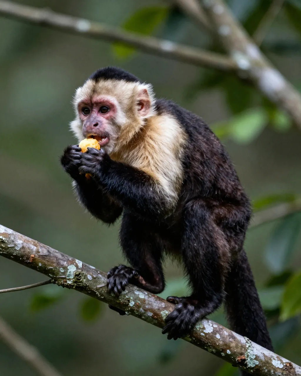 A white-faced capuchin monkey perched on a rainforest branch eats a small yellow fruit.