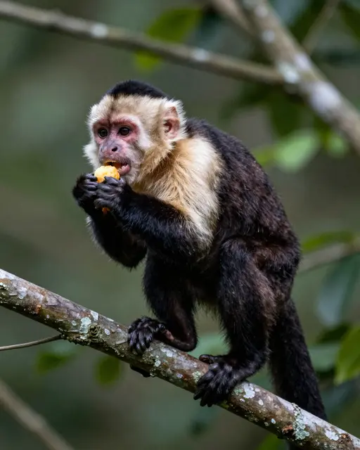 A white-faced capuchin monkey perched on a rainforest branch eats a small yellow fruit.