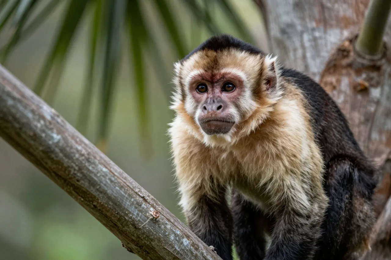 A capuchin monkey with a dark cap and cream fur peers out from a palm tree branch.