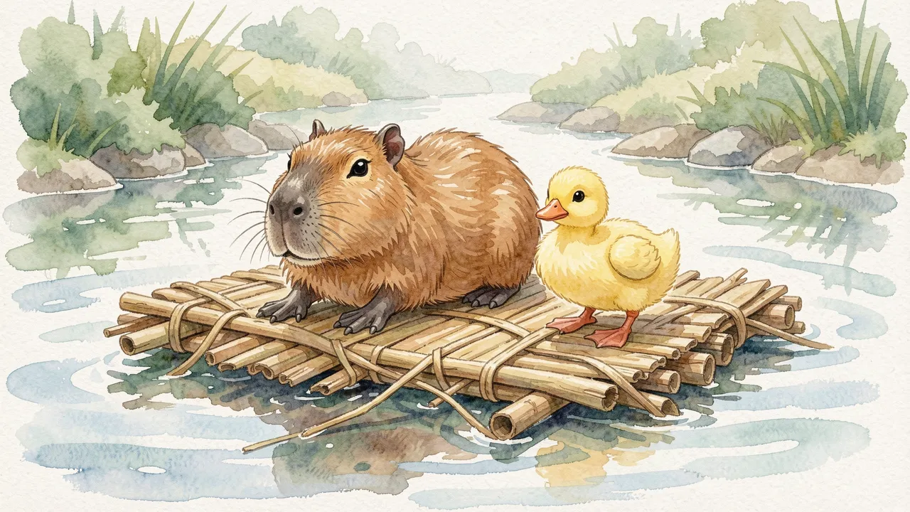 A fluffy brown capybara and yellow duckling sit together on a woven reed raft floating down a calm river.