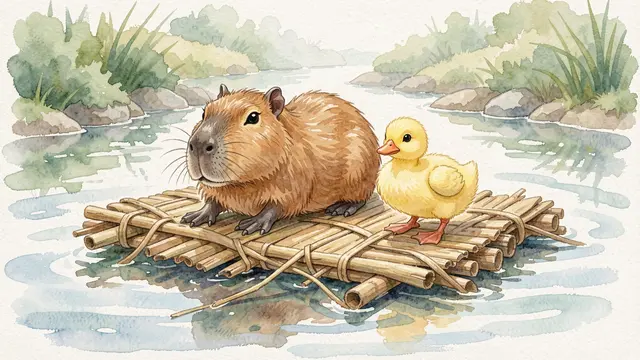 A fluffy brown capybara and yellow duckling sit together on a woven reed raft floating down a calm river.