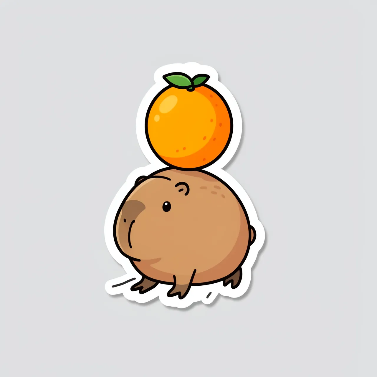 Cute die-cut sticker illustration of a capybara balancing a whole orange on its head against a light gray background