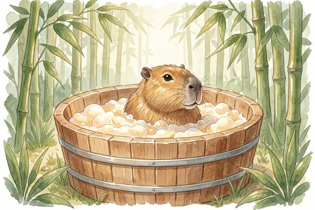 A cute capybara soaks in a bubbly wooden tub surrounded by a lush bamboo garden in soft watercolor style.