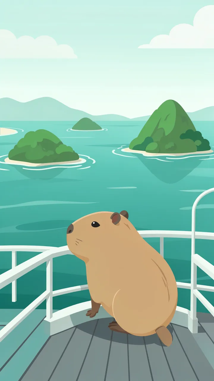 A cute capybara sits on a ferry deck looking out at green islands across calm teal water.
