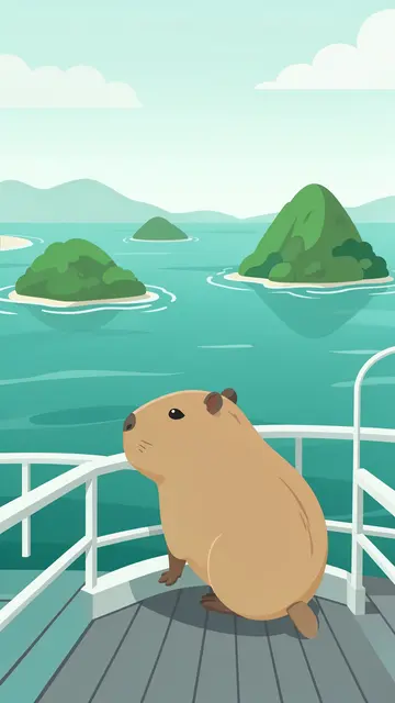 A cute capybara sits on a ferry deck looking out at green islands across calm teal water.