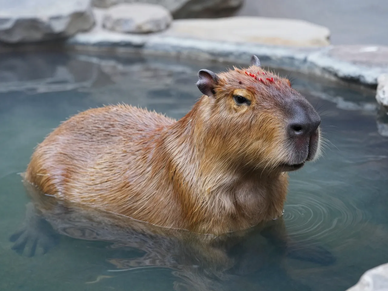 A wet brown capybara sits partially submerged in calm hot spring water surrounded by smooth rocks.