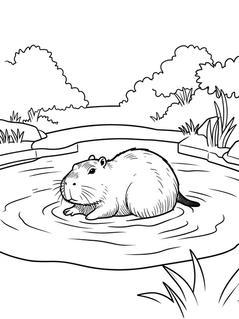 Black and white line art of a capybara sitting partially submerged in a calm pond surrounded by vegetation.