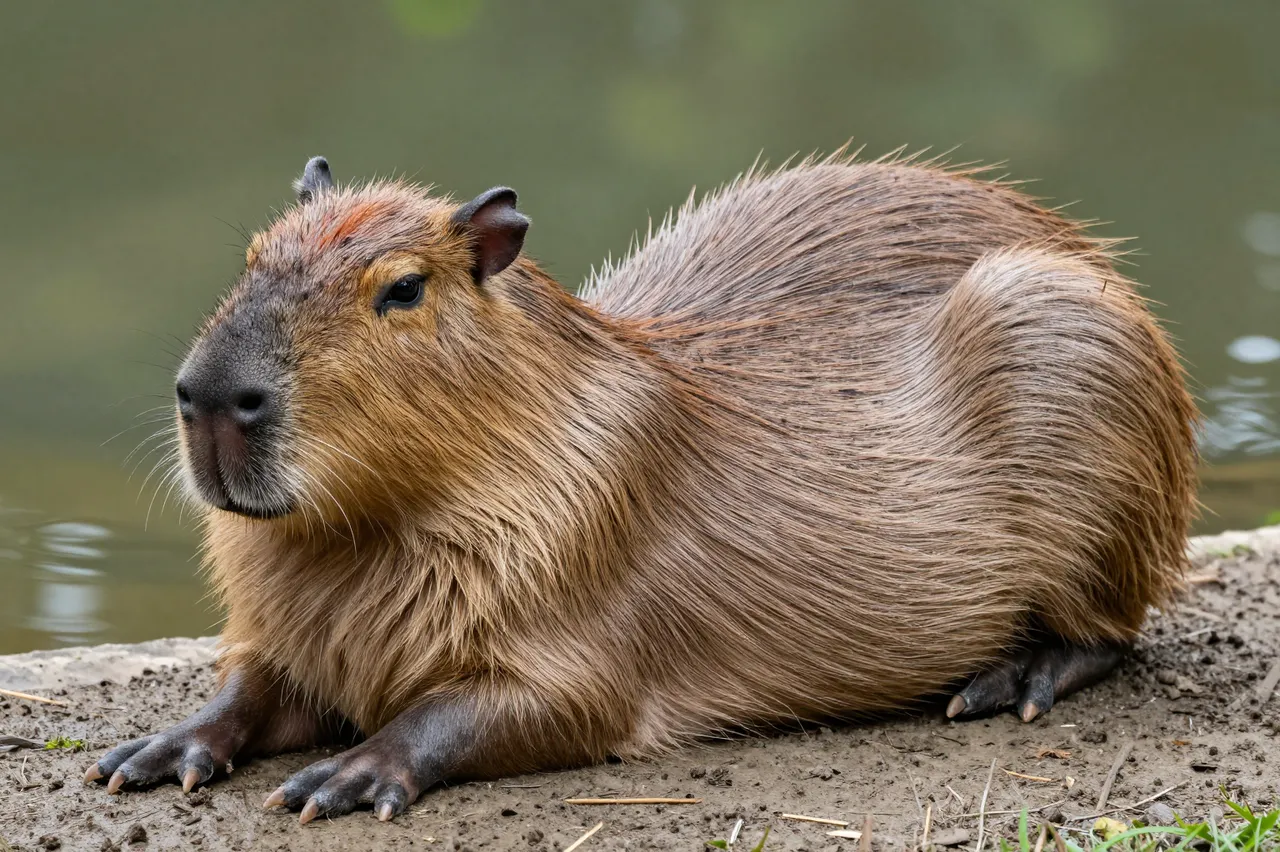 An adult capybara rests on muddy ground beside calm green pond water