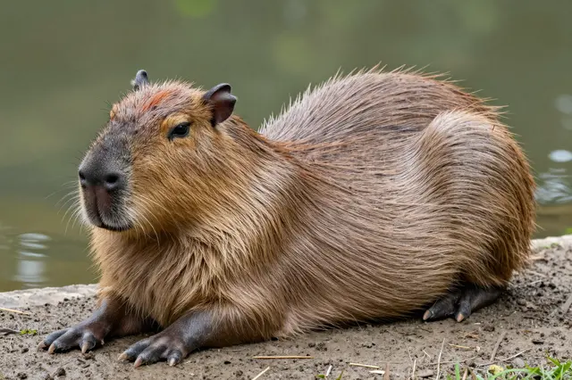 An adult capybara rests on muddy ground beside calm green pond water