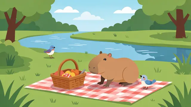A cute capybara and small birds sit on a checkered picnic blanket by a winding river