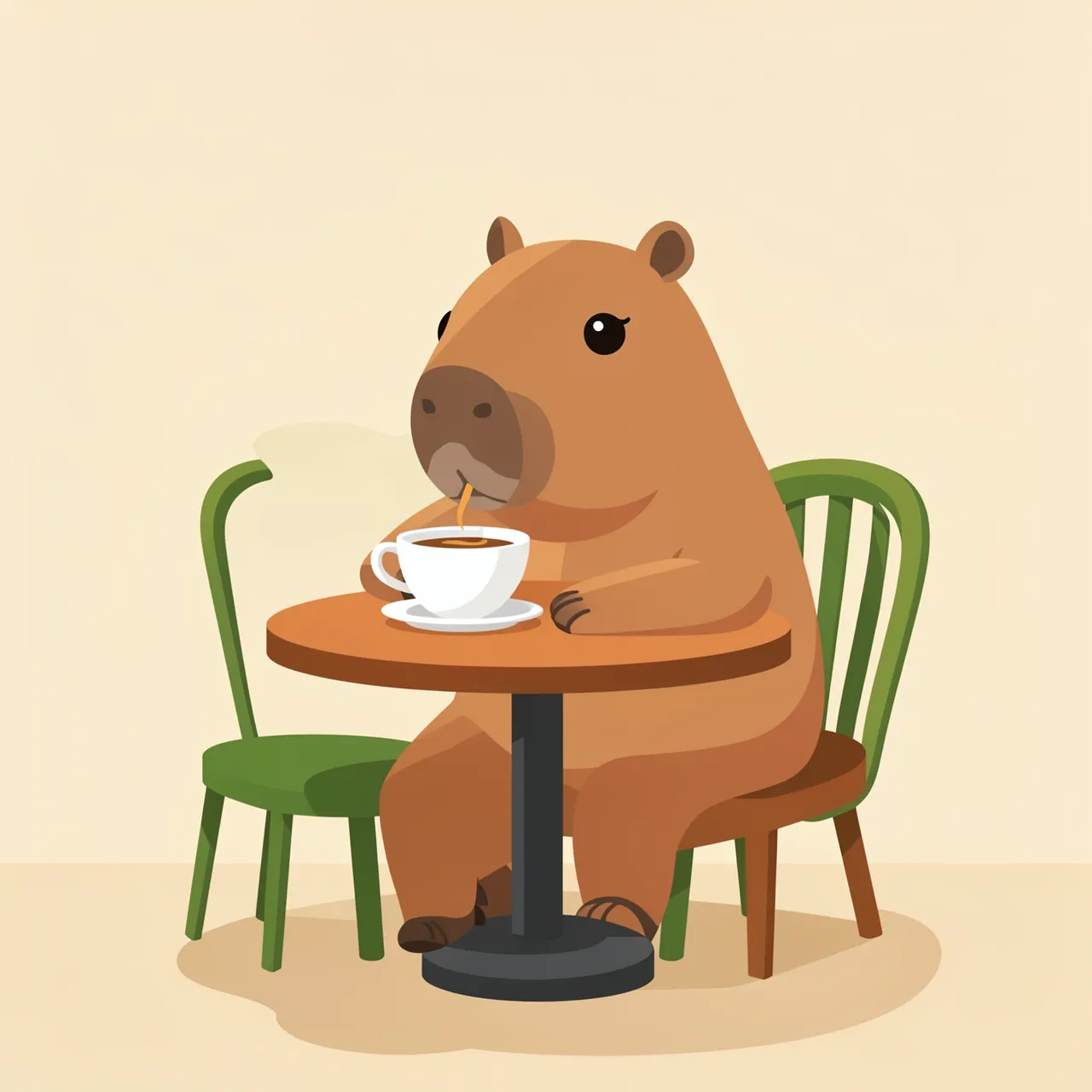 A cute flat vector capybara sits at a small round cafe table sipping from a white coffee cup