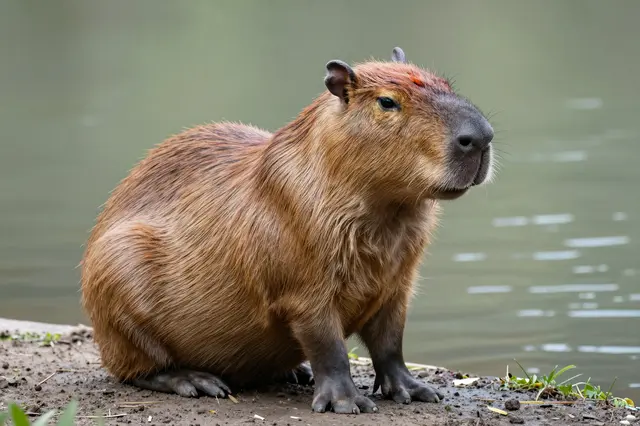 A wet furred capybara sits calmly on a muddy river edge next to still water