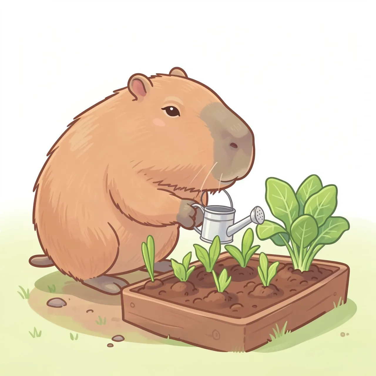 A cute illustrated capybara waters young seedling plants in a raised garden bed with a tiny metal watering can