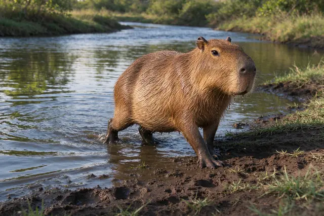 A wet capybara steps from a sunlit river onto a muddy grassy riverbank, water dripping from its muzzle.