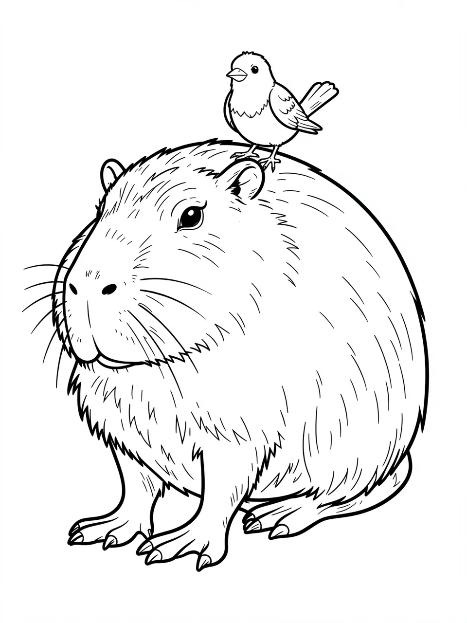Black and white line art coloring page of a sitting capybara with a small songbird perched on its head on a plain white