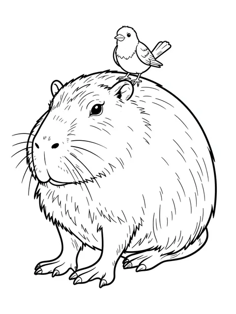 Black and white line art coloring page of a sitting capybara with a small songbird perched on its head on a plain white
