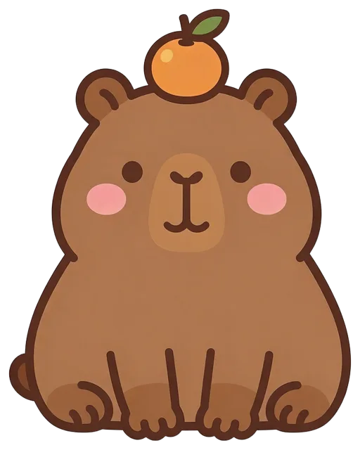 Cute kawaii capybara illustration sitting with a small orange balanced on its head