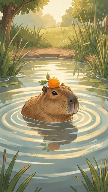 A capybara soaks in a calm pond with a small orange resting on top of its head.