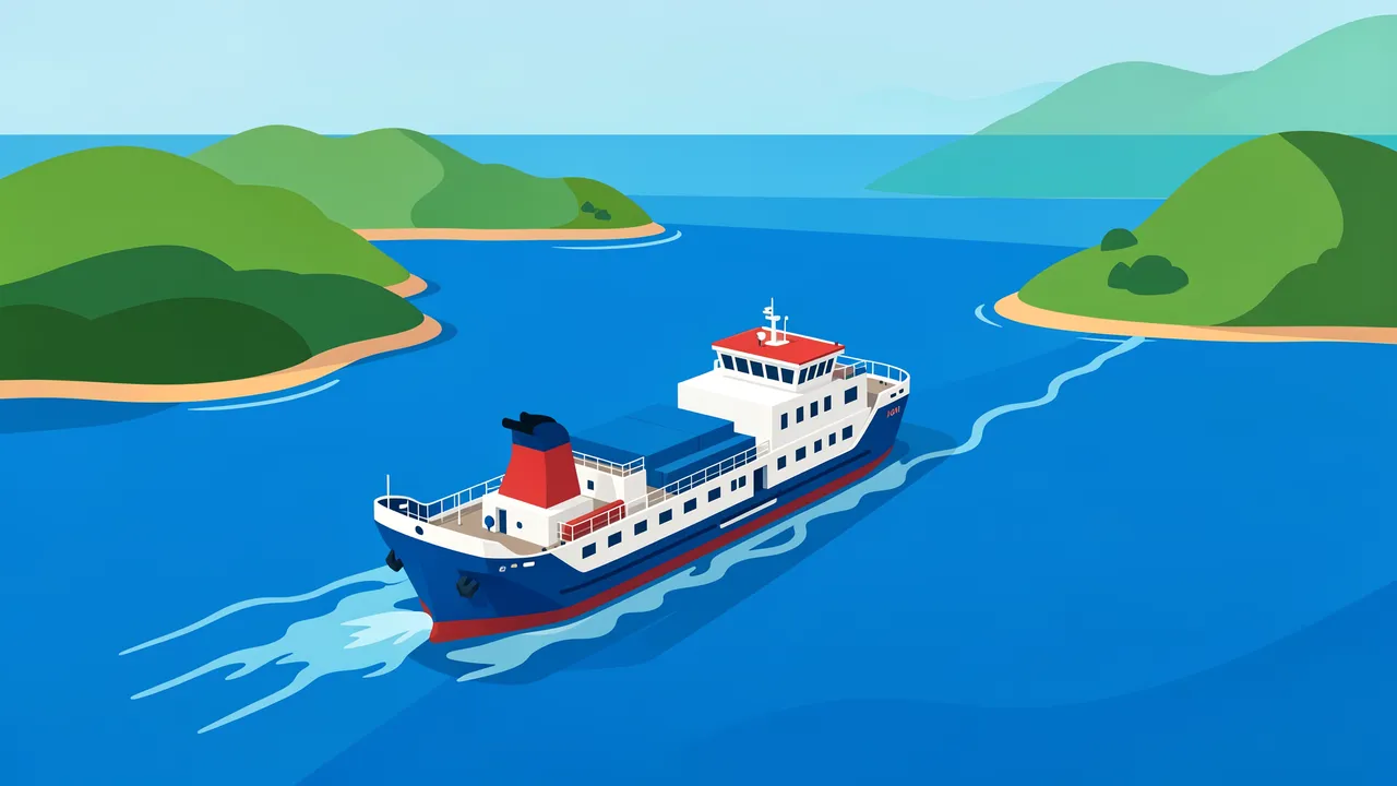 Flat vector illustration of a car ferry traveling through a blue bay between green rolling islands