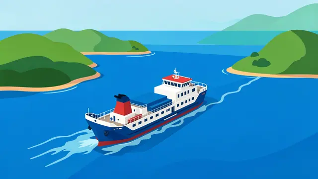 Flat vector illustration of a car ferry traveling through a blue bay between green rolling islands