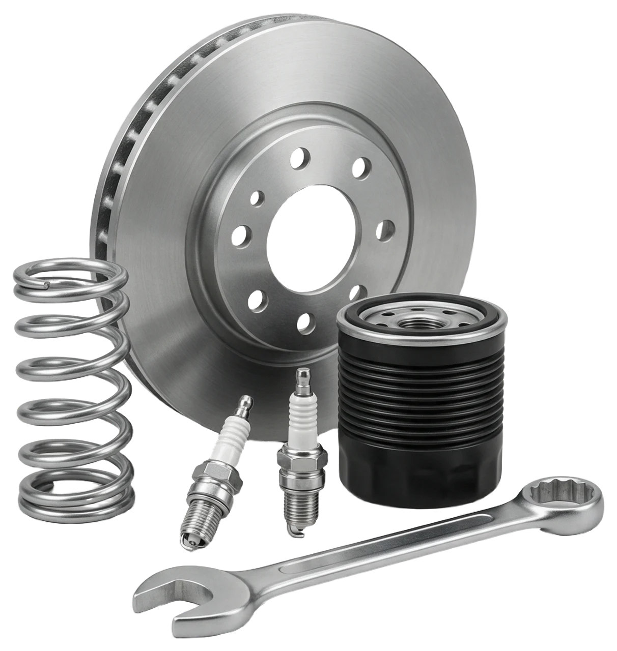 Group of automotive repair components including brake disc, spring, spark plugs, oil filter and spanner