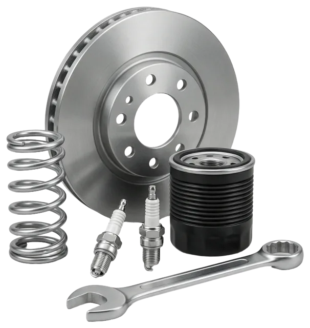 Group of automotive repair components including brake disc, spring, spark plugs, oil filter and spanner