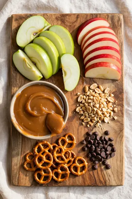 Overhead view of a wooden serving board with sliced apples, caramel dip, peanuts, pretzels and chocolate chips on a linen