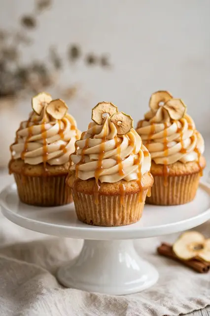Three decorated apple cider cupcakes sit on a white ceramic cake stand