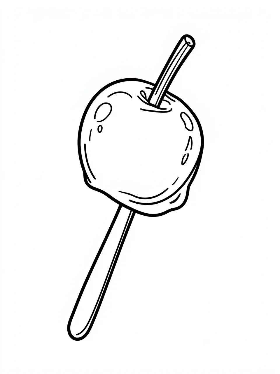 Simple bold black and white line drawing of a caramel apple on a stick against a plain white background