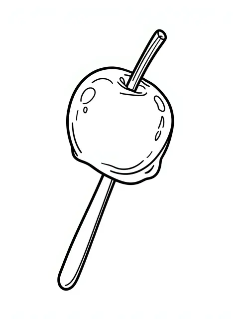 Simple bold black and white line drawing of a caramel apple on a stick against a plain white background