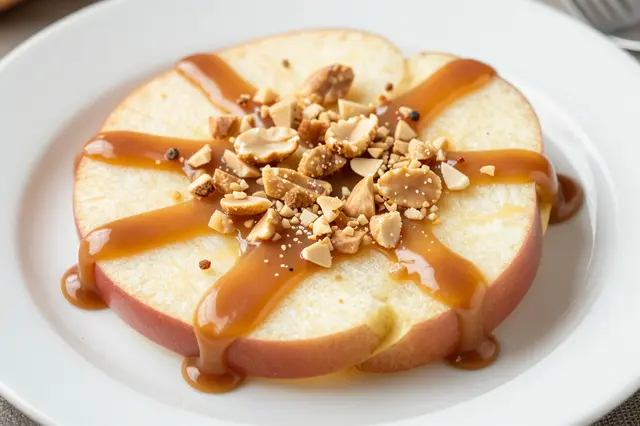 Sliced red apple arranged in a circle, drizzled with caramel and topped with chopped nuts on a white plate