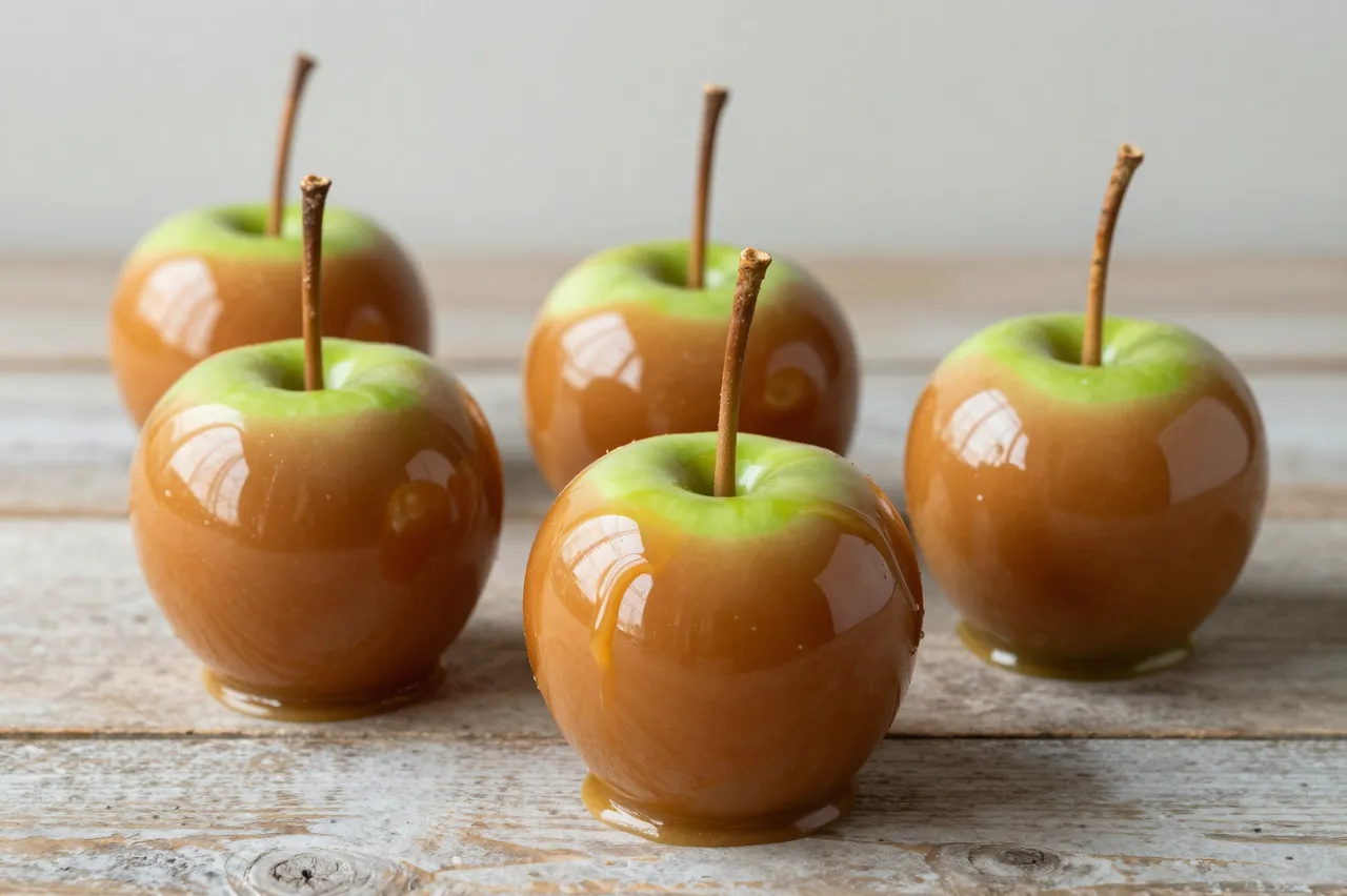 Five glossy caramel apples sit arranged on a weathered rustic wooden table