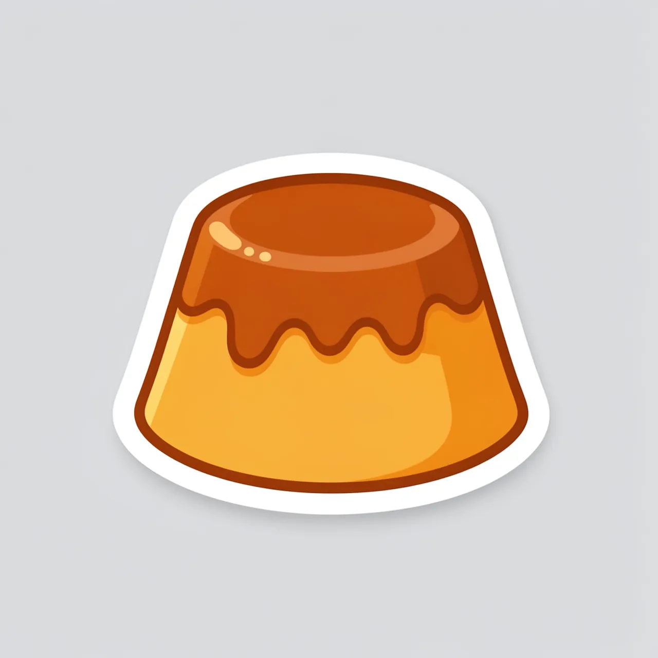 Cute flat illustration of a caramel pudding die-cut sticker with a white border on a light gray background
