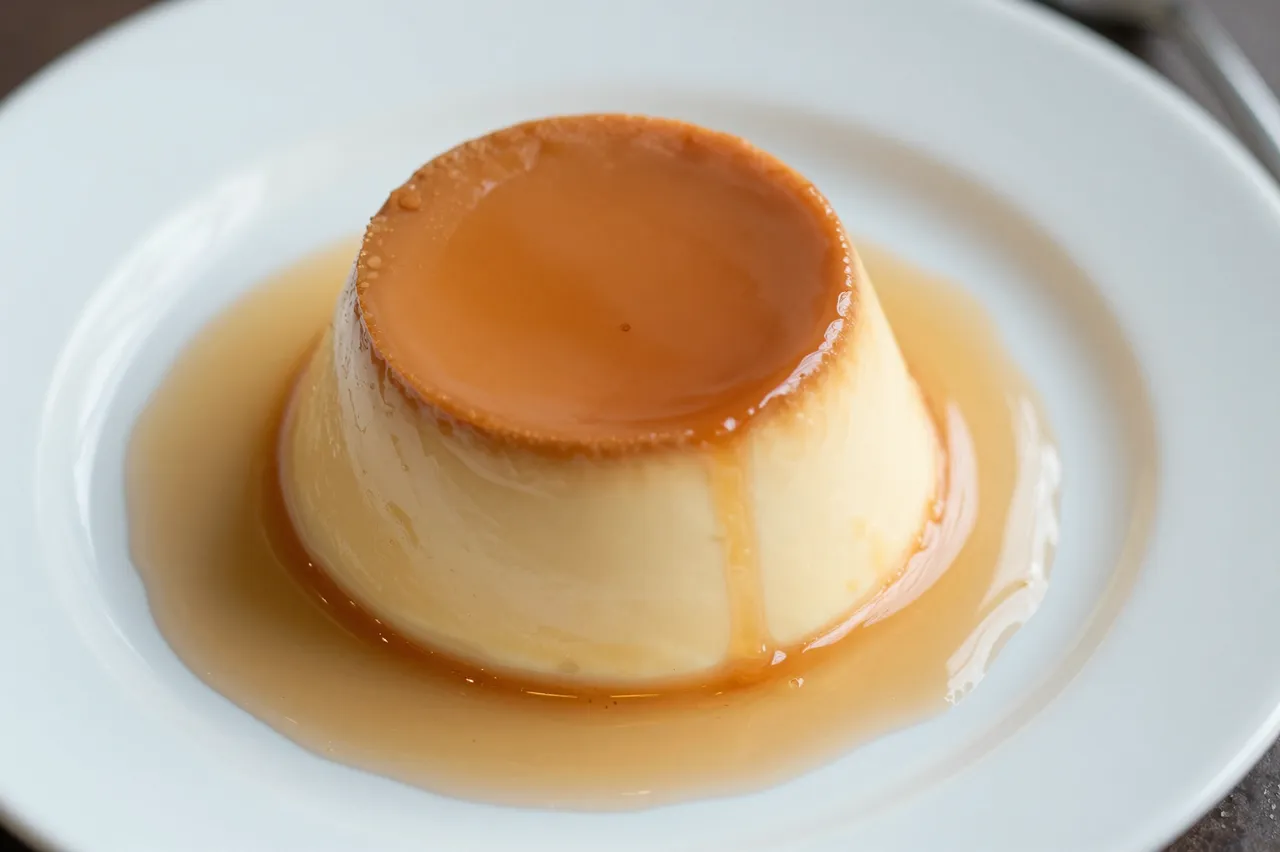 A smooth caramel flan sits on a white plate with golden syrup pooling around its base.