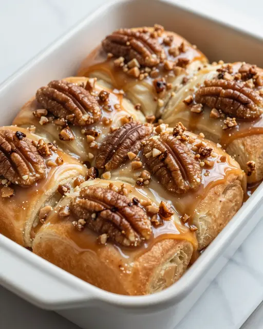 Fresh caramel pecan sticky buns topped with nuts and glaze sit in a white ceramic baking dish